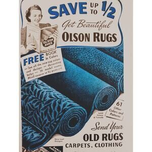 1942 Olson Rugs Ad - Reworked from Old Carpets - Vintage Home Decor Print Advert